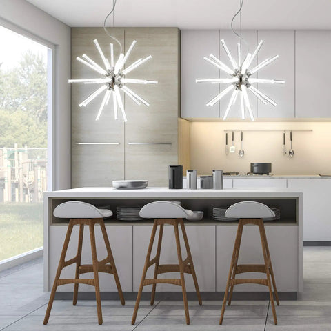 Chrome Integrated LED Starburst Pendant Light, 19.5 Inch Sputnik Chandelier installed over modern kitchen island