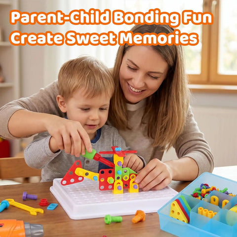 Parent and child using Electric Toy Drill With 193 Plus Pieces For Creative Build Projects For Kids Ages Three To Eight Includes Screws Nuts And Rainbow Fasteners Plus 34 Plus Build Ideas To Boost STEM Skills And Hand Eye Coordination