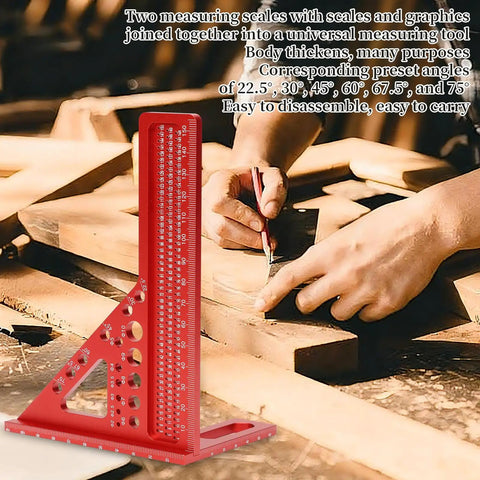 Built Tough Aluminum Multi Angle Measuring Ruler With Quick Snap Angle Pin For Dead On Precision Layout And Scribing Projects In Woodworking Construction And Engineering, red with preset angles.