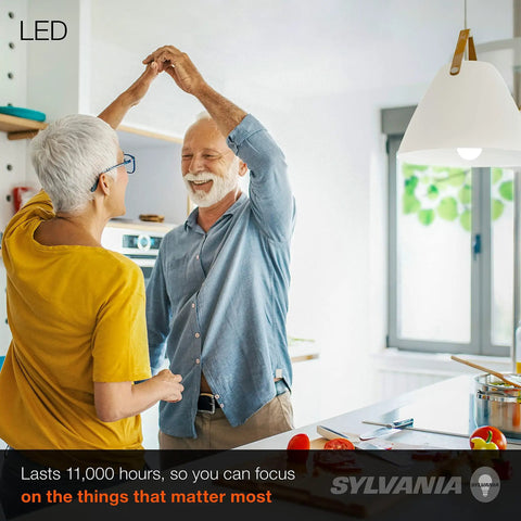 LED Light Bulbs 60W Equivalent A19 Frosted Easy Install Eight Point Five Watt 800 Lumens Bright White Medium Base Four Pack Energy Saving Go To Home Lighting Long Lasting with older couple dancing in kitchen