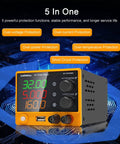 Variable DC Power Supply 30V 5A Benchtop Lab Power Source with USB charging and multiple protection features displayed.
