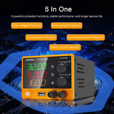 Variable DC Power Supply 30V 5A Benchtop Lab Power Source with USB charging and multiple protection features displayed.