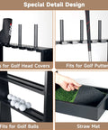 Solid Wood Golf Putter Stand and Club Organizer with 36 Ball Tray, detail of club slots, ball tray, turf mat, and head cover holders.