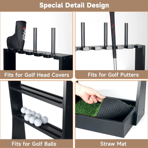 Solid Wood Golf Putter Stand and Club Organizer with 36 Ball Tray, detail of club slots, ball tray, turf mat, and head cover holders.