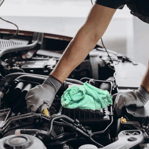 Mechanic using Recycled Color Terry Cloths 50 Lb Box, Super Absorbent Cotton Cleaning Rags For Garage, Shop, Industrial Use And Housekeeping