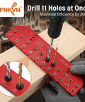 Professional Self Clamping Shelf Pin Jig Drills Eleven Perfectly Aligned Holes In One Straight Shot featuring a heavy duty metal body, red aluminum design.