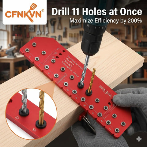 Professional Self Clamping Shelf Pin Jig Drills Eleven Perfectly Aligned Holes In One Straight Shot featuring a heavy duty metal body, red aluminum design.