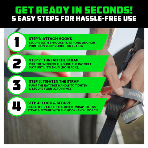 Steps to use Heavy Duty Ratchet Straps Set 1 Inch X 15 Feet 4 Pack With Safety S Hooks 1,823 Lb Break Strength