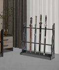 Six Hole Floor Standing Sword Display Rack With Adjustable Top And Bottom Plates, Black, holding swords in a home setting.