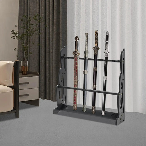 Six Hole Floor Standing Sword Display Rack With Adjustable Top And Bottom Plates, Black, holding swords in a home setting.