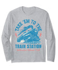 Yellowstone Vintage Train Station Long Sleeve Tee With Retro Steam Locomotive Print, gray, long sleeve shirt with classic train graphics.