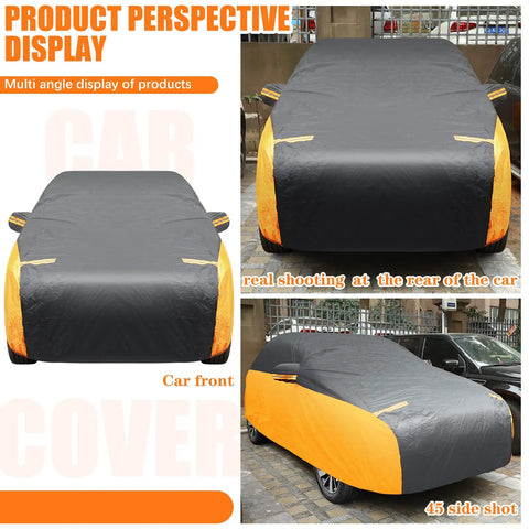 All Weather Car Cover For Sedans, Waterproof And Windproof, UV Sun Protection, Black Orange in multi-angle views
