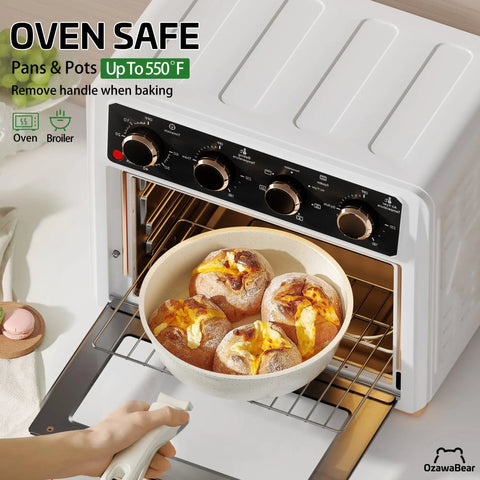23 Piece Nonstick Ceramic Cookware Set With Detachable Handles Induction Compatible And Oven Safe Cream White Eco Friendly