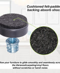 Close-up of a single 24 Pack M6 Thread Adjustable Furniture Leveler with self-adhesive felt pad for chairs on hardwood floors.