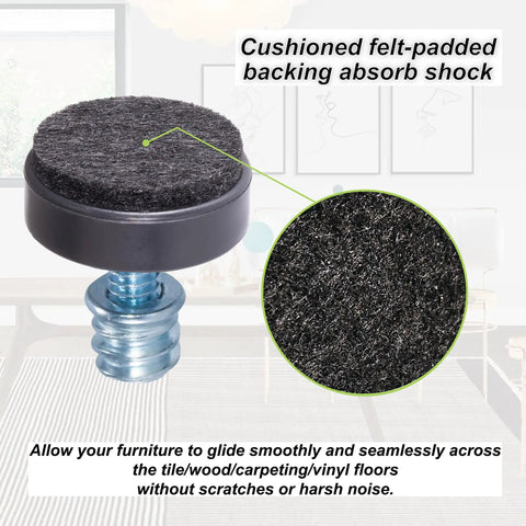 Close-up of a single 24 Pack M6 Thread Adjustable Furniture Leveler with self-adhesive felt pad for chairs on hardwood floors.