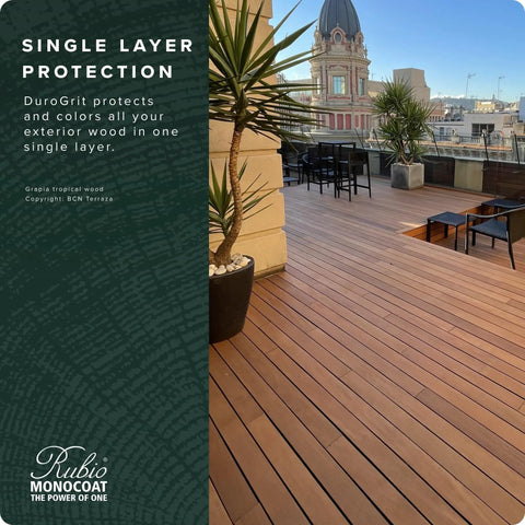 Outdoor deck with DuroGrit Outdoor Wood Oil Stain And Sealer In Foxy Brown One Layer UV Protection For Decks Fences And Furniture 30 Ml Sample.