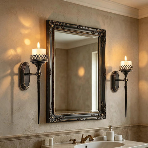 Gatheroad Pillar Candle Wall Sconces Set of 2, Gothic Lattice Crown Decor mounted beside a mirror in a bathroom.