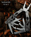 Everyday Carry 15 In 1 EDC Multitool Pliers with blades and tools open, hollow skeleton design, on leaves
