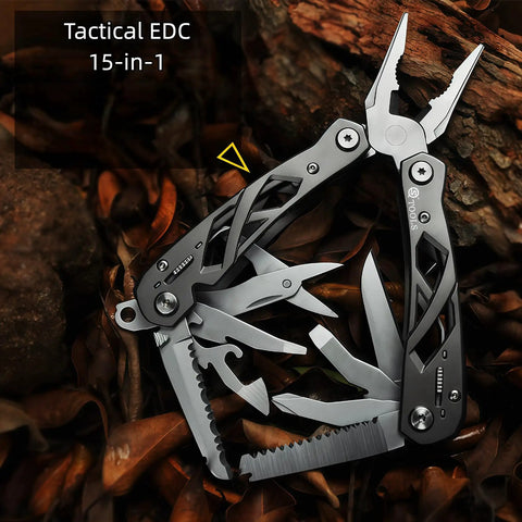 Everyday Carry 15 In 1 EDC Multitool Pliers with blades and tools open, hollow skeleton design, on leaves
