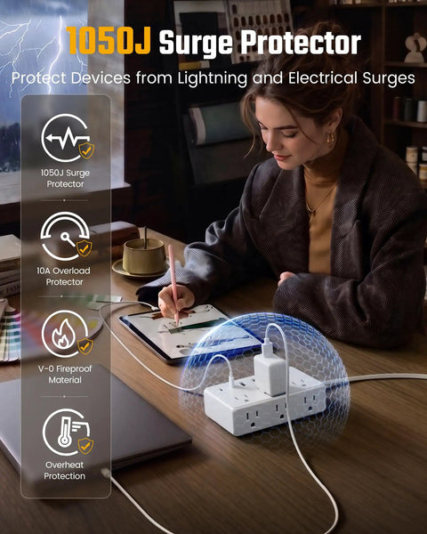 25Ft Heavy Duty Extension Cord With Flat Plug Surge Protector featuring a sleek design protecting devices from surges.