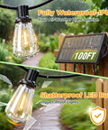 LED shatterproof ST38 bulb in rain, solar panel beside it, illustrating 100Ft Solar String Lights Outdoor Waterproof With Remote And Timer