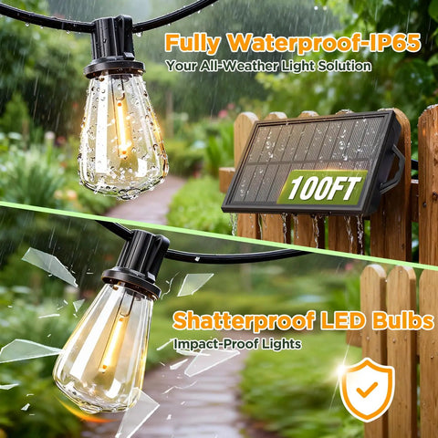 LED shatterproof ST38 bulb in rain, solar panel beside it, illustrating 100Ft Solar String Lights Outdoor Waterproof With Remote And Timer