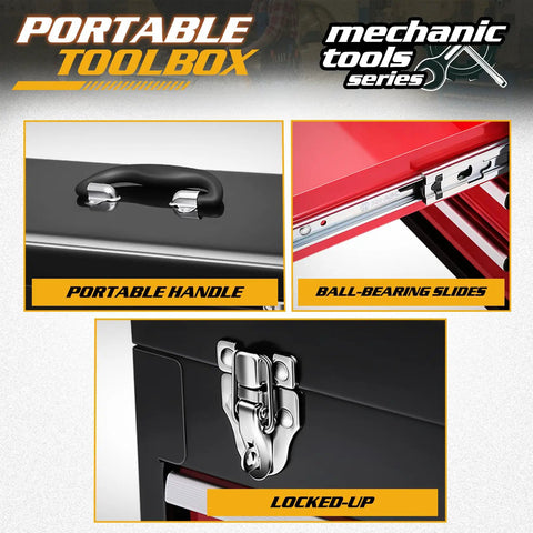20 Inch Portable Metal Tool Box With Three Drawers And Top Tray, Grab And Go Latch Closed Organizer Chest For Garage, Home And Warehouse, Red And Black, Built Tough For Quick Access And A Clean, Efficient Workspace. black metal toolbox handle lock and drawer slides