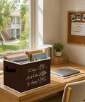 Hella Spacious Foldable Storage Bins With Heavy Duty Handles For Multipurpose Collapsible Home Organization Closets And Kids Or Pet Gear Organizers That Keep Things Fresh on a desk with files and a lamp.