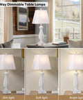 Farmhouse Table Lamps Set Of 2 With Oil Rubbed Bronze Finish Three Way Dimmable Touch Control Nightstand Lamps Built In AC And USB Outlet Linen Shade Great For Living Room Or Bedroom showing dim, soft, and bright lighting options.