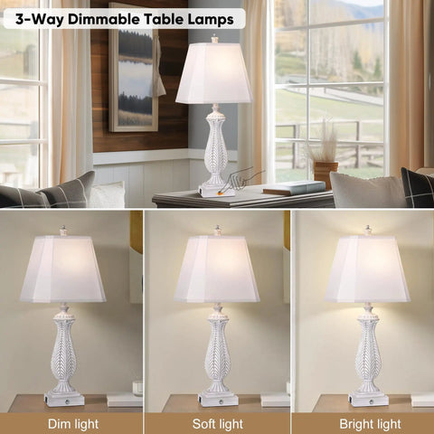 Set Of 2 30 Inch Dimmable Touch Table Lamps With USB And Type C Ports Noiseless 3 Way Brightness Mermaid White Rustic Bedside Lamps For Nightstands And Living Rooms Farmhouse Resin Design With Two Bulbs showing brightness settings.