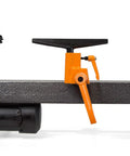 Eight By Twelve Inch Variable Speed Mini Benchtop Wood Lathe With Three Point Two Amp Motor and Soft Start for crafting, with controls and motor visible.
