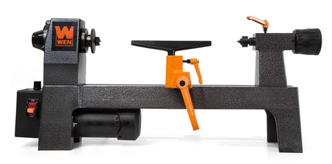 Eight By Twelve Inch Variable Speed Mini Benchtop Wood Lathe With Three Point Two Amp Motor and Soft Start for crafting, with controls and motor visible.