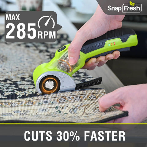 SnapFresh Cordless Electric Scissors With Rechargeable Battery And Self-Sharpening Blades For Cutting Cardboard Fabric Leather Carpet cutting fabric at 285 RPM.