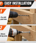 Easy installation steps with Bulk 50 Pack Half Inch By Six Inch Lag Screws With Washers Hot Dip Galvanized Heavy Duty Exterior Wood Screws
