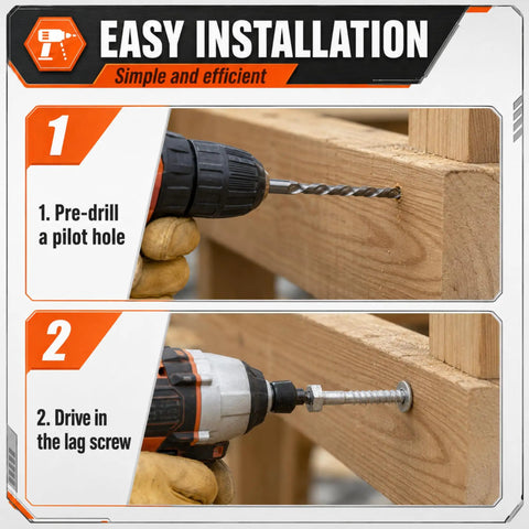 Easy installation steps with Bulk 50 Pack Half Inch By Six Inch Lag Screws With Washers Hot Dip Galvanized Heavy Duty Exterior Wood Screws