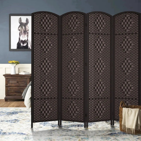 Tall Six Foot Room Divider Four Panel Privacy Screen Freestanding Wall Partition Dark Coffee Finish in a bedroom setting.