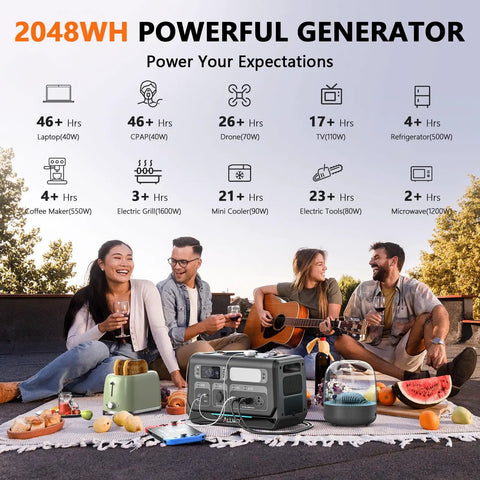 Group picnic using 2400W LiFePO4 Portable Power Station With 2048Wh Solar Generator Beefy 3600W Surge 1500W AC Charging And 1200W Solar