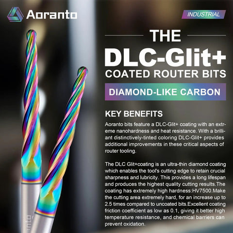 Two Aoranto DLC-Glit+ coated router bits with colorful spiral design and diamond-like carbon coating, shown in close-up view.