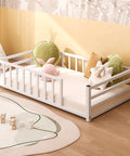 Toddler Floor Bed With Rails And Door, Montessori Low Profile Metal Platform Bed For 2 To 5 Years Old, Kid Friendly White Finish