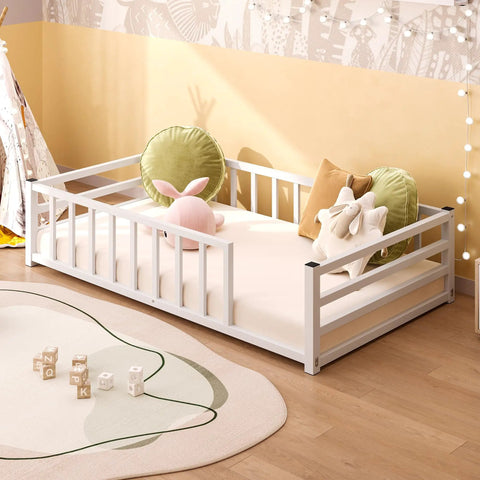 Toddler Floor Bed With Rails And Door, Montessori Low Profile Metal Platform Bed For 2 To 5 Years Old, Kid Friendly White Finish