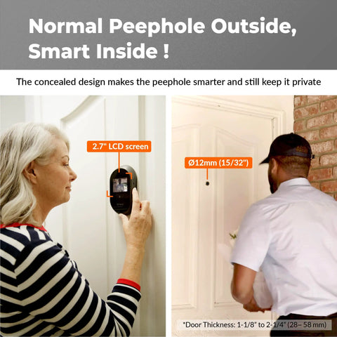 Peephole Camera for Apartment Doors Fits 15/32 Inch Peephole Easy Install Front Door Security No WiFi Required Hidden Camera for Existing Peephole 12mm Peep Hole Home Safety Upgrade showing installation and usage by two people.