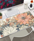 Large Boho Floral Desk Pad 31.5 By 15.7 Inches With Non Slip Rubber Base For Gaming Mouse Keyboard And Laptop Extended Desk Mat For Home Office Decor With Japanese Floral Aesthetic on wooden desk with keyboard and mouse