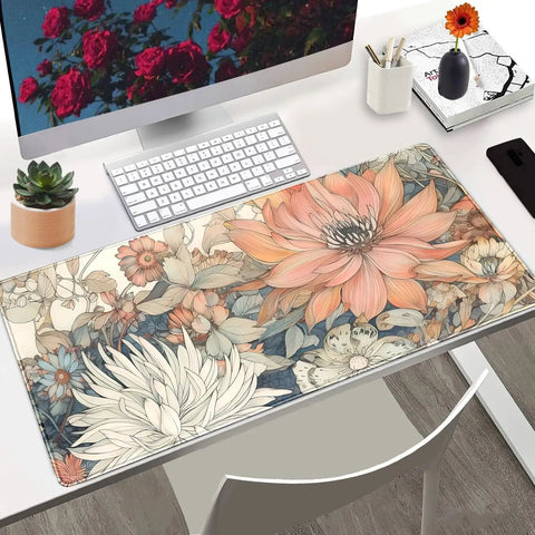 Large Boho Floral Desk Pad 31.5 By 15.7 Inches With Non Slip Rubber Base For Gaming Mouse Keyboard And Laptop Extended Desk Mat For Home Office Decor With Japanese Floral Aesthetic on wooden desk with keyboard and mouse