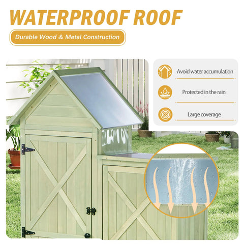 Outdoor Storage Cabinet With Waterproof Metal Roof And Wooden Vertical Design in garden setting with waterproof features