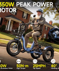 Beast Fat Tire Electric Trike For Adults With 750W Motor Peak 1350W, 52V 25Ah Removable Battery, 50 Mile Range, 7 Speed, 4 Piston Hydraulic Brakes, Cargo Rack, Blue, side view with rider