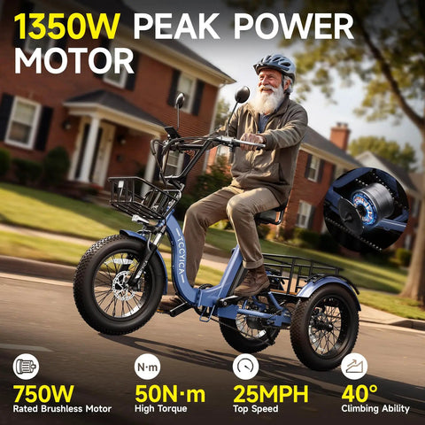 Beast Fat Tire Electric Trike For Adults With 750W Motor Peak 1350W, 52V 25Ah Removable Battery, 50 Mile Range, 7 Speed, 4 Piston Hydraulic Brakes, Cargo Rack, Blue, side view with rider