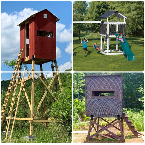 Built Tough Four By Four Steel Bracket Kit With Rugged Black Powder Coating For Hunting Box Blinds Tree Platforms And Backyard Decks Heavy Duty Corner Mounts 4 Piece Pack, shown with outdoor tree platforms and children's play structure.