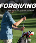 Teen holding Teen Golf Club Set For Ages 13 To 16 With Titanium Driver, Stainless Hybrid, 7 Through PW Irons, on golf course.