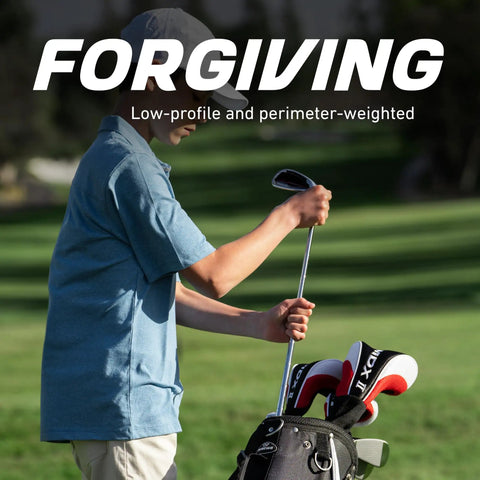 Teen holding Teen Golf Club Set For Ages 13 To 16 With Titanium Driver, Stainless Hybrid, 7 Through PW Irons, on golf course.
