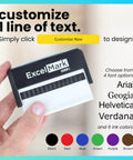 Custom Long Self Inking Rubber Stamp Personalized One Line Office Supplies Re Inkable six ink colors shown in hand.